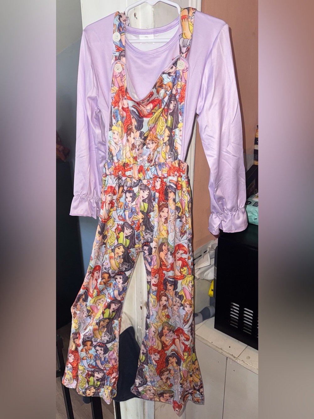 Girls Flare Princess Bow Back Jumpsuit w/ Purple Ruffle Sleeve Shirt size 7/8